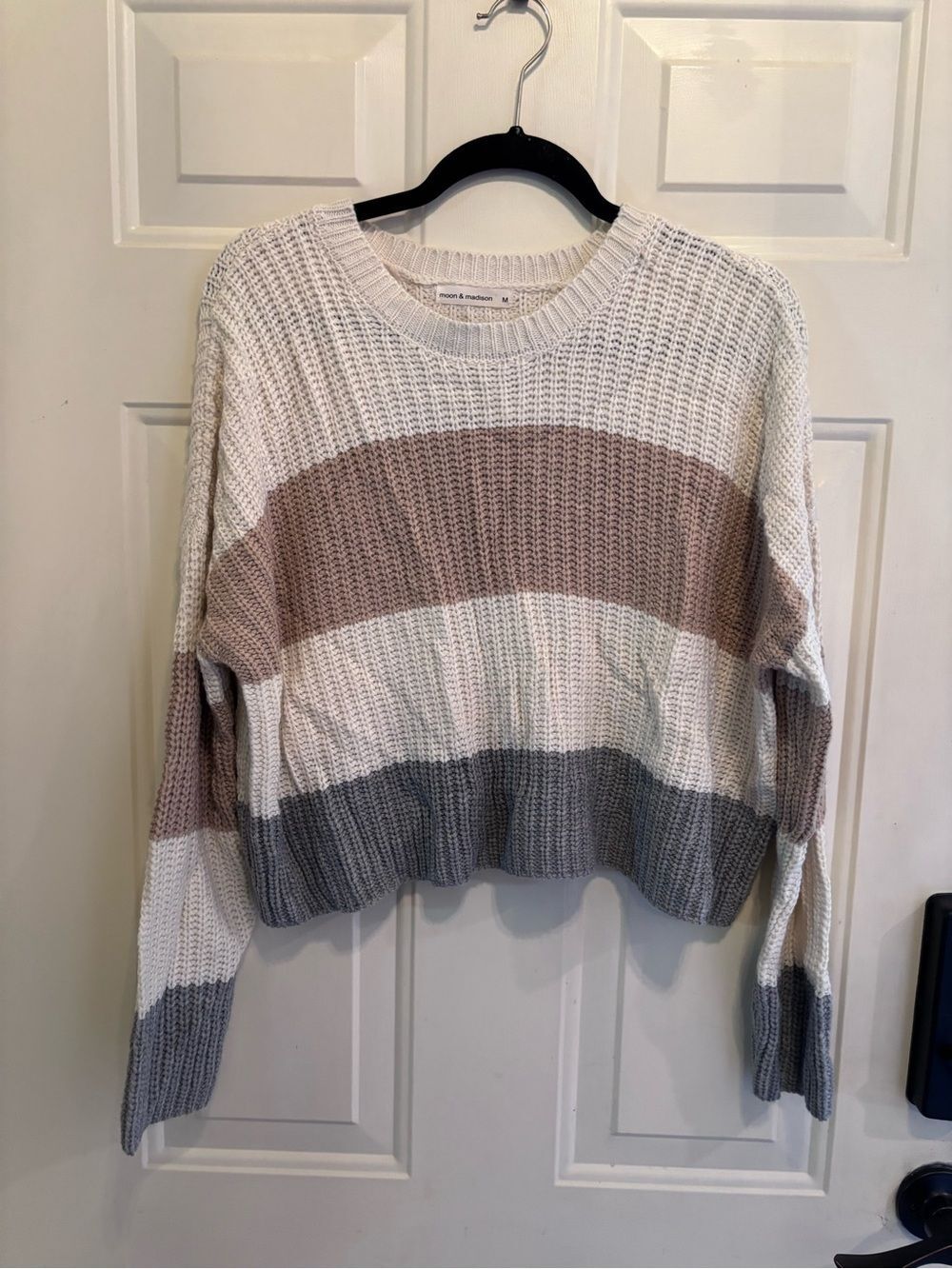 Anthropologie moon & madison Striped Crewneck Sweater in Cream, Taupe & Slate - Picture 2 of 5